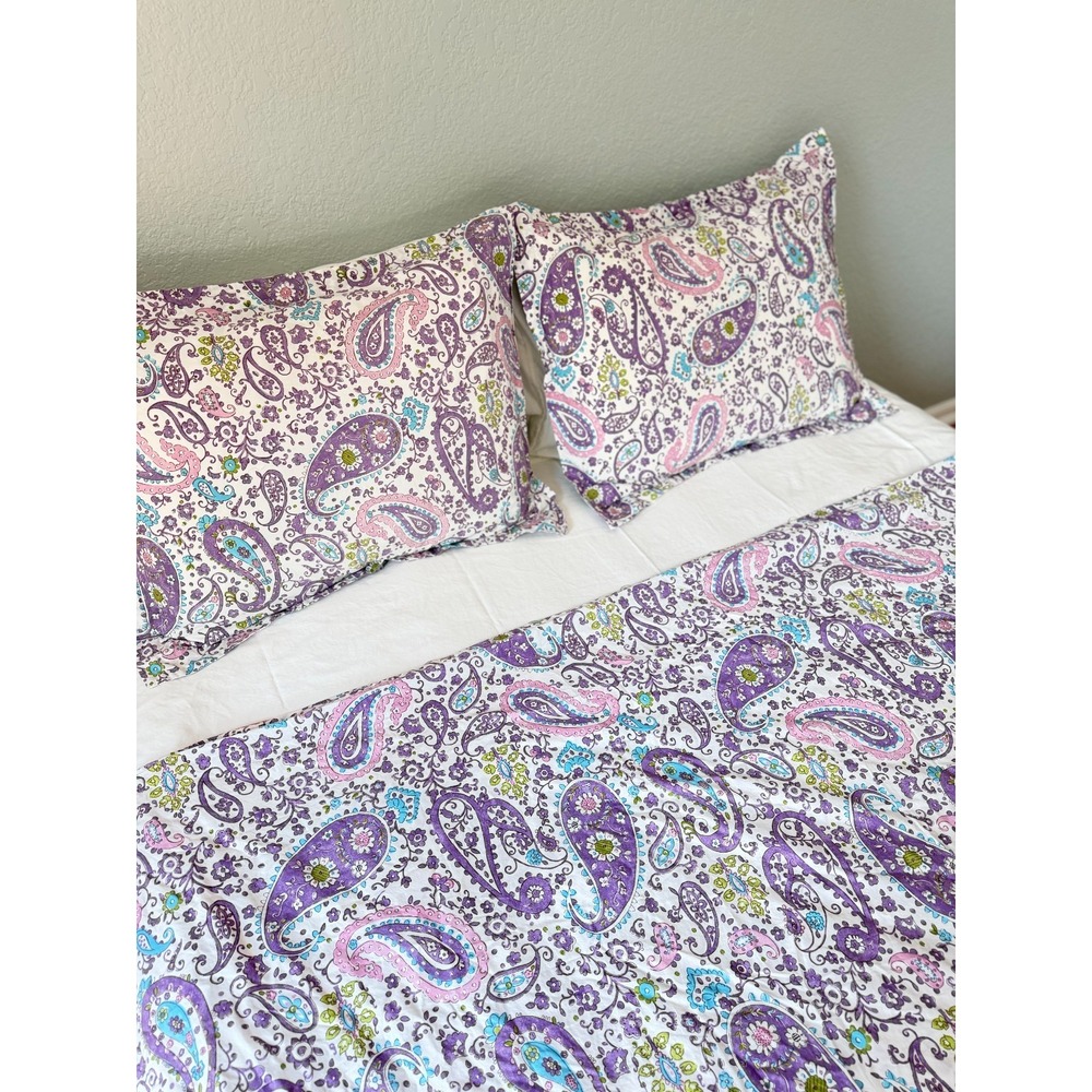 Pottery Barn Kids Full Queen Duvet Cover 2 Shams Purple Pink Paisley Cotton PBK